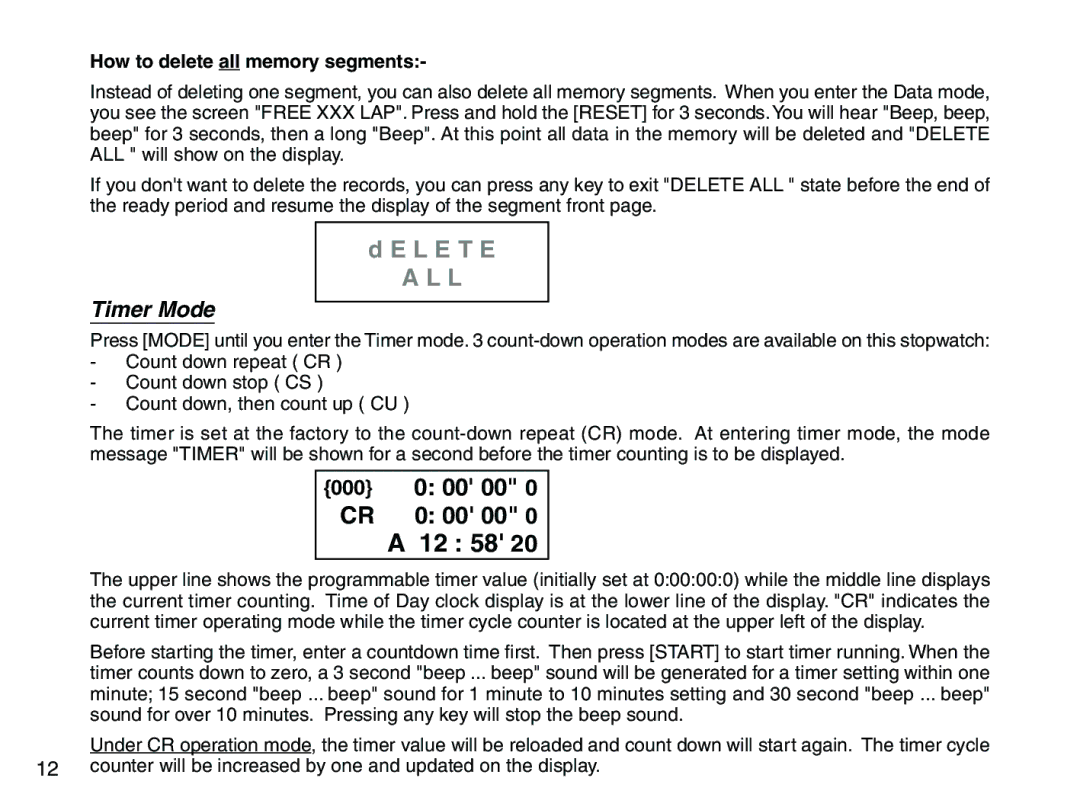 Accusplit AE602M100, AE760M100, AE790M500DEC instruction manual 12 58, Timer Mode, How to delete all memory segments, 000 