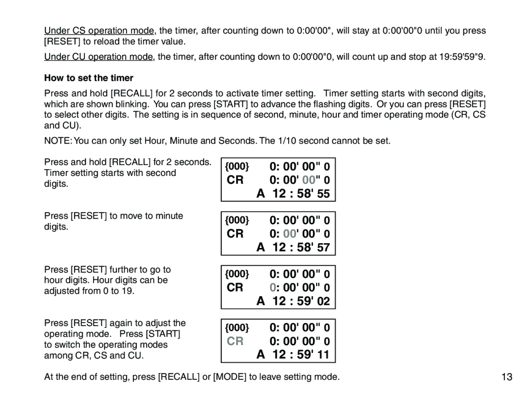 Accusplit AE790M500DEC, AE602M100, AE760M100 instruction manual 12 59, How to set the timer 