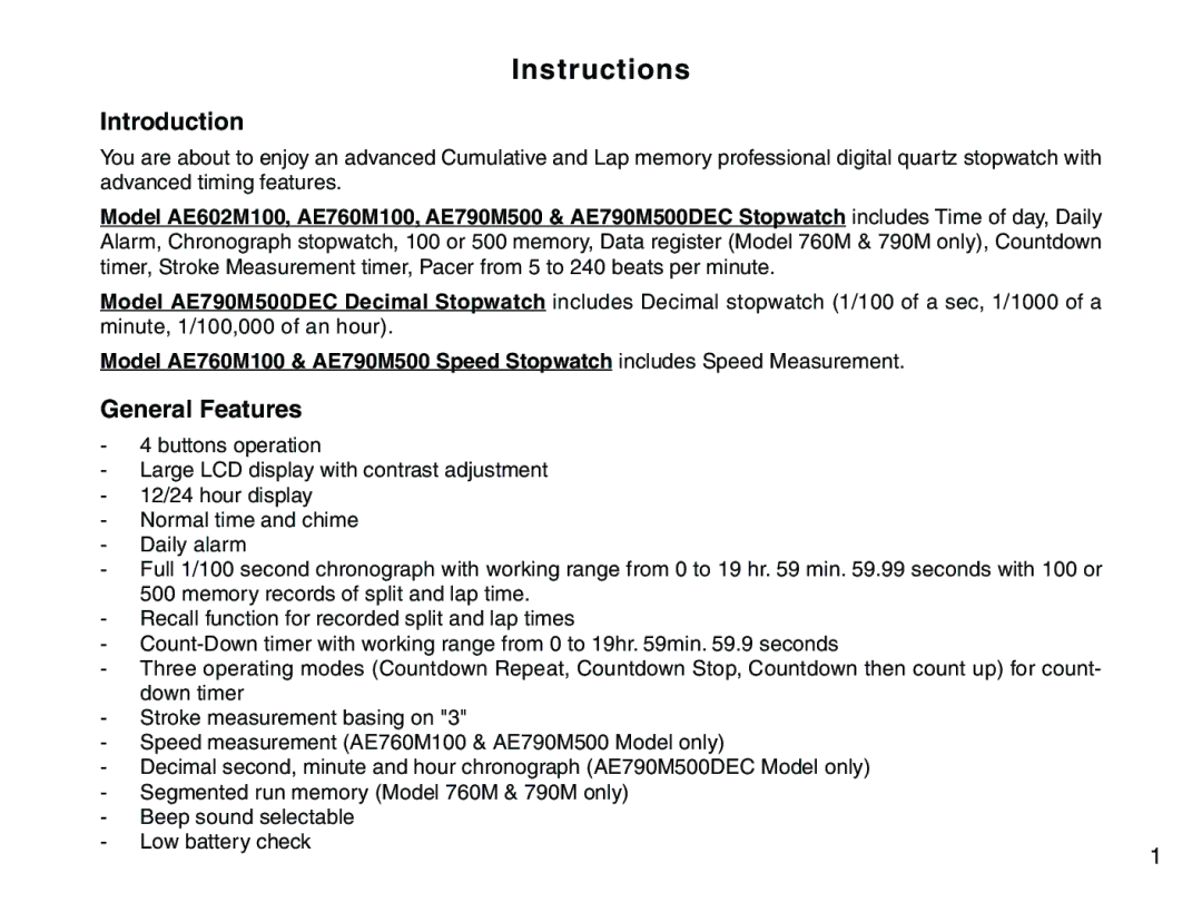 Accusplit AE790M500DEC, AE602M100, AE760M100 instruction manual Instructions, Introduction 