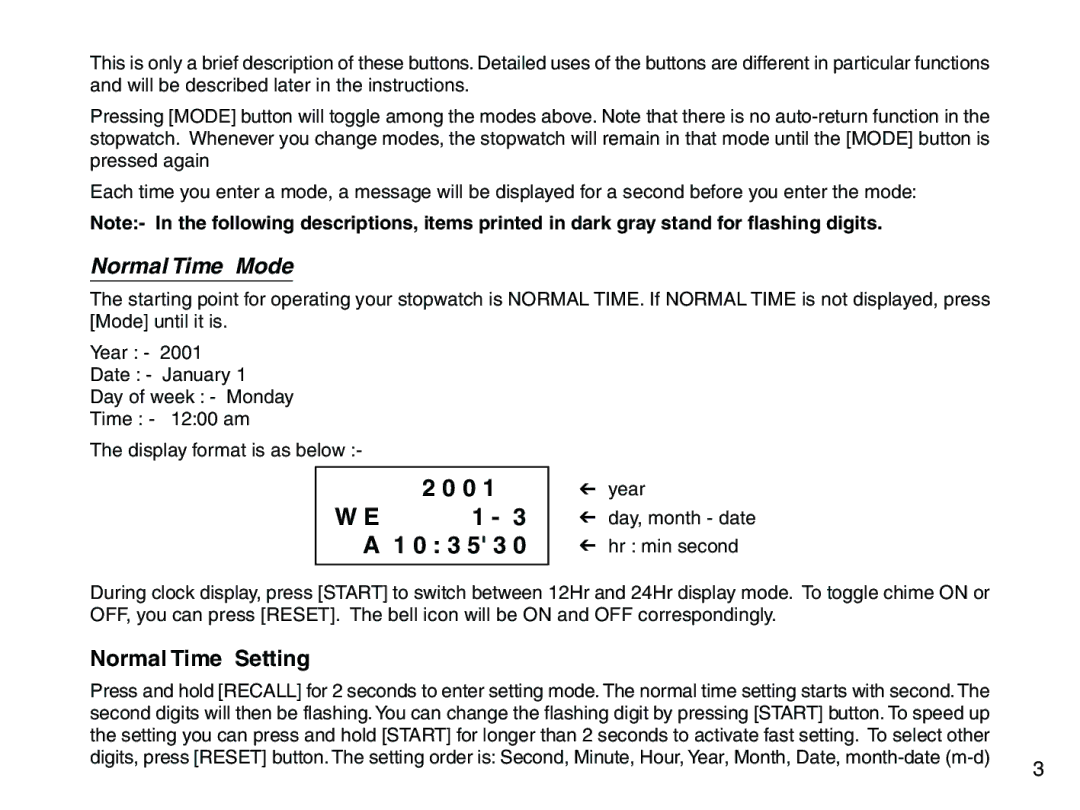 Accusplit AE760M100, AE602M100, AE790M500DEC instruction manual 1 3 a 1 0 3 5 3, Normal Time Mode 