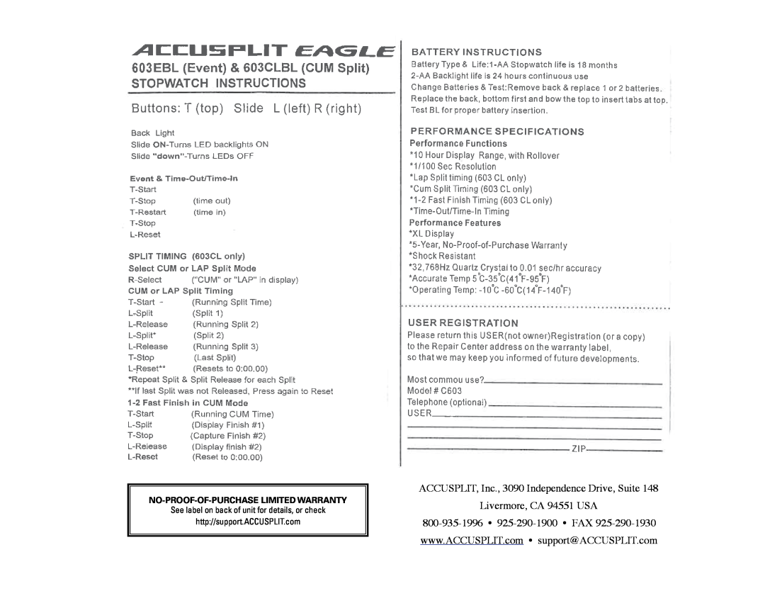 Accusplit C603, AE603CLBL, 603EBL warranty ACCUSPLIT, Inc., 3090 Independence Drive, Suite, Livermore, CA 94551 USA 