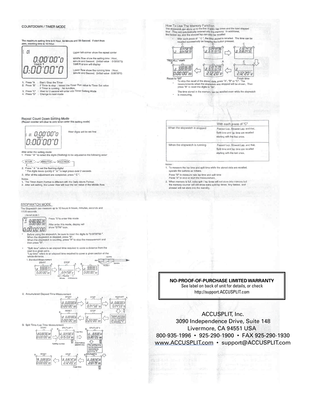 Accusplit AE625M13 manual NO-PROOF-OF-PURCHASE Limited Warranty 