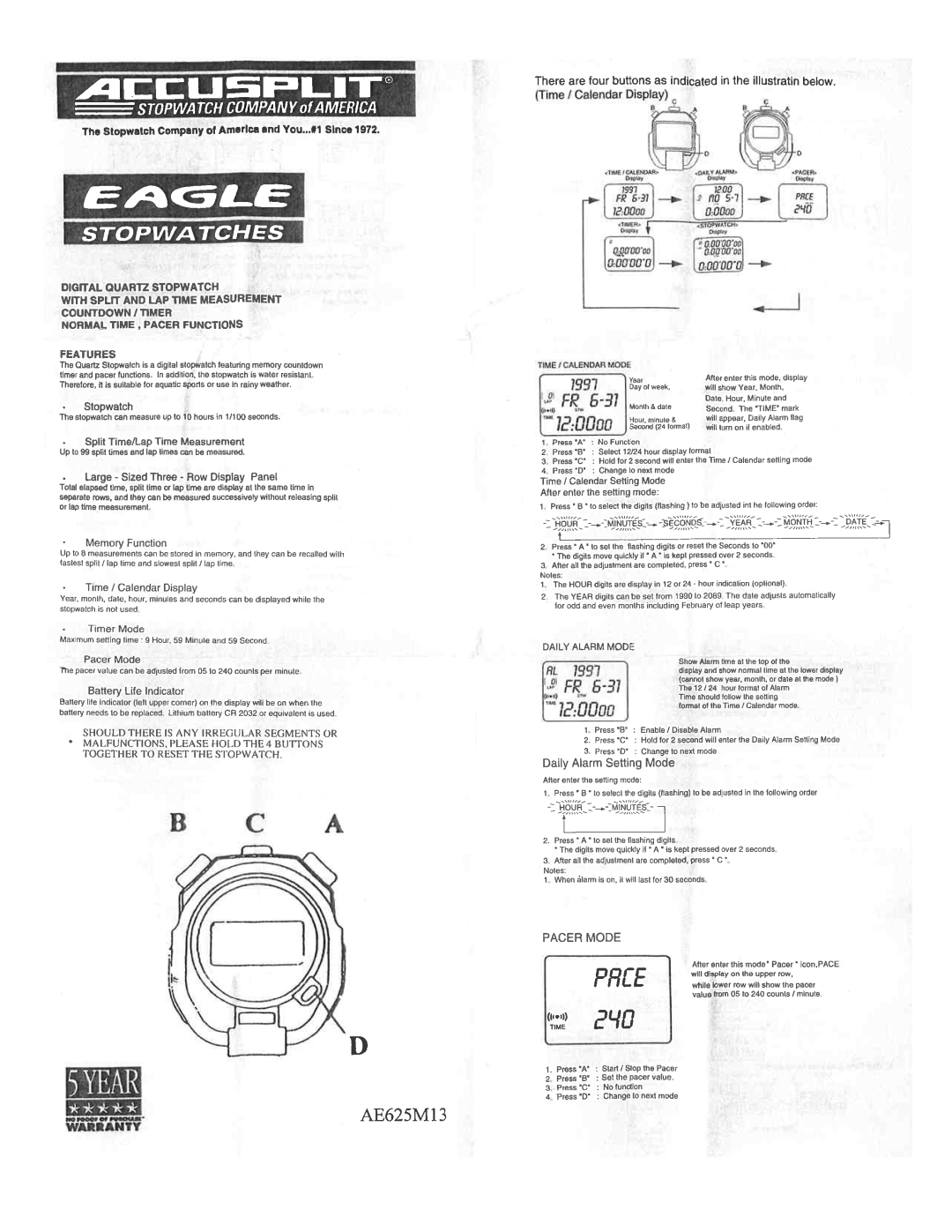 Accusplit AE625M13 manual 