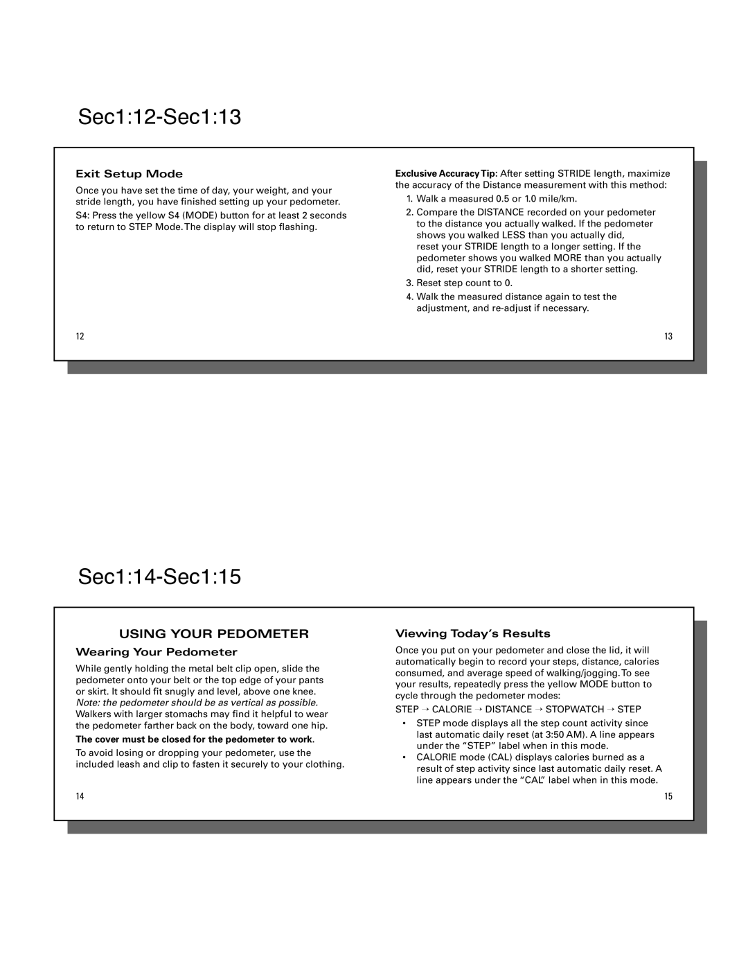 Accusplit AH190M28 operating instructions Sec112-Sec113, Sec114-Sec115, Using Your Pedometer, Exit Setup Mode 