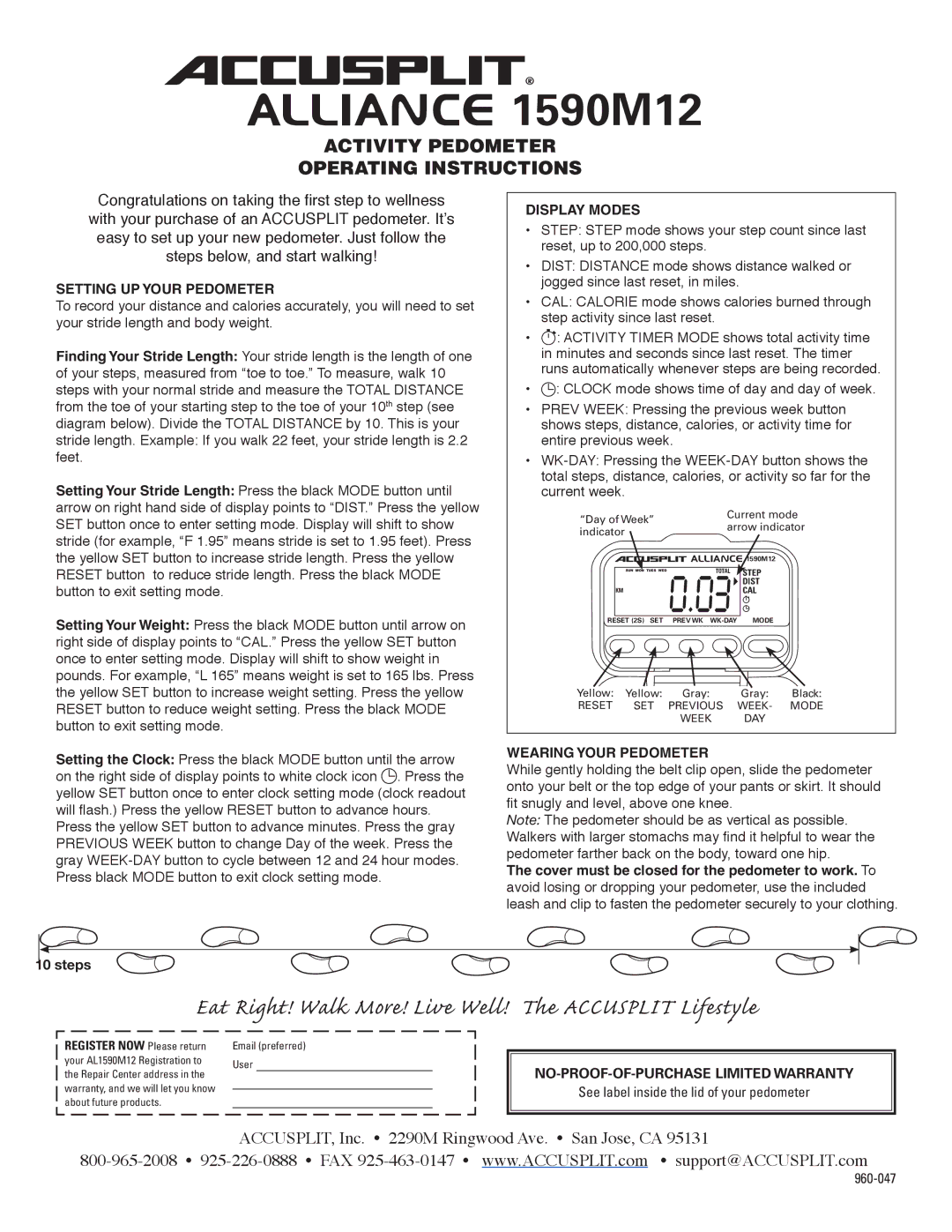 Accusplit AL1590M12 operating instructions Setting UP Your Pedometer, Display Modes, Wearing Your Pedometer 