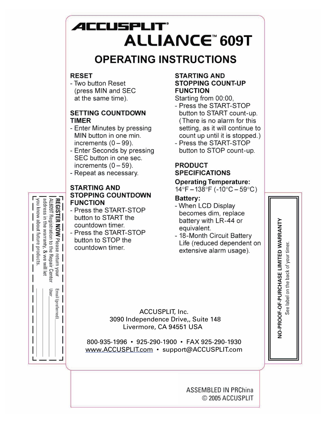 Accusplit AL609T manual 