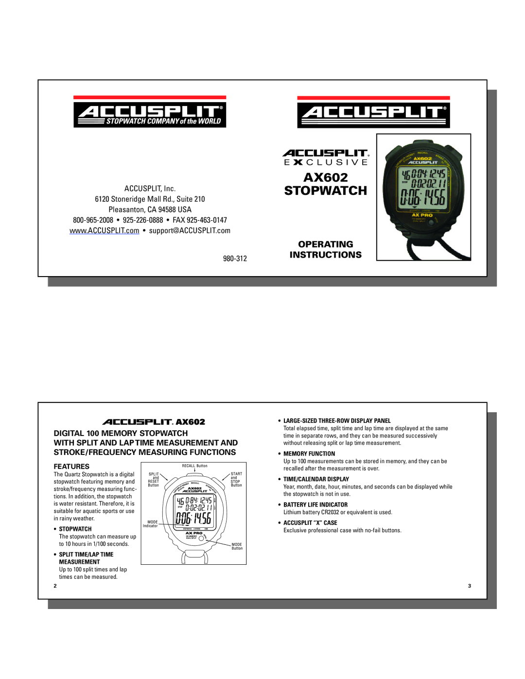 Accusplit AX602 operating instructions Operating 980-312INSTRUCTIONS 