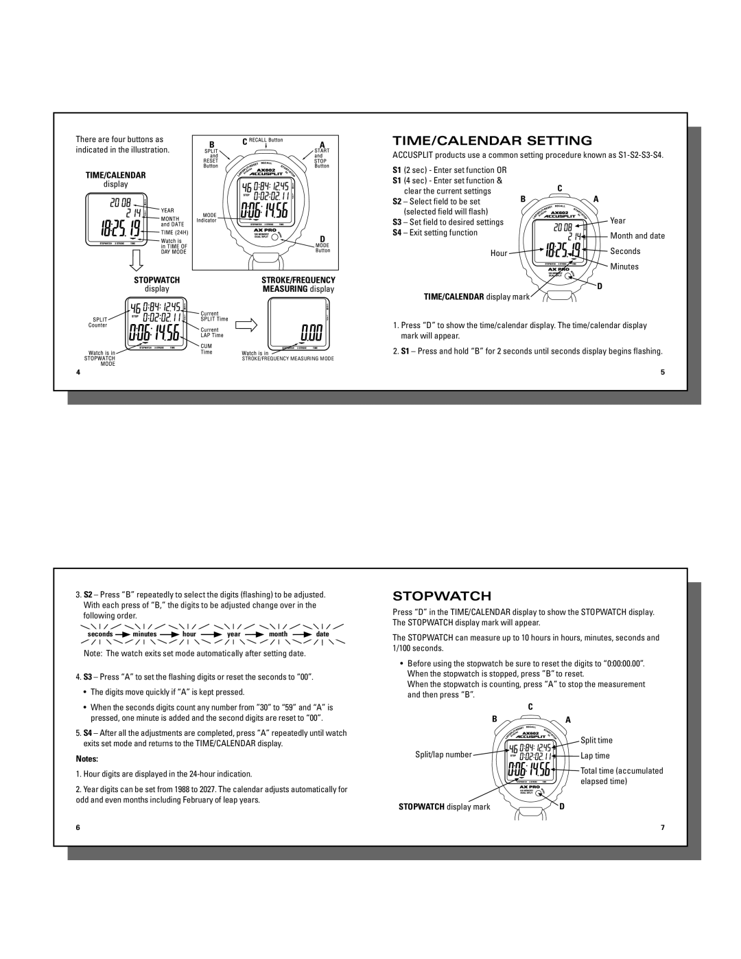 Accusplit AX602 operating instructions TIME/CALENDAR Setting, Stopwatch, Time/Calendar 