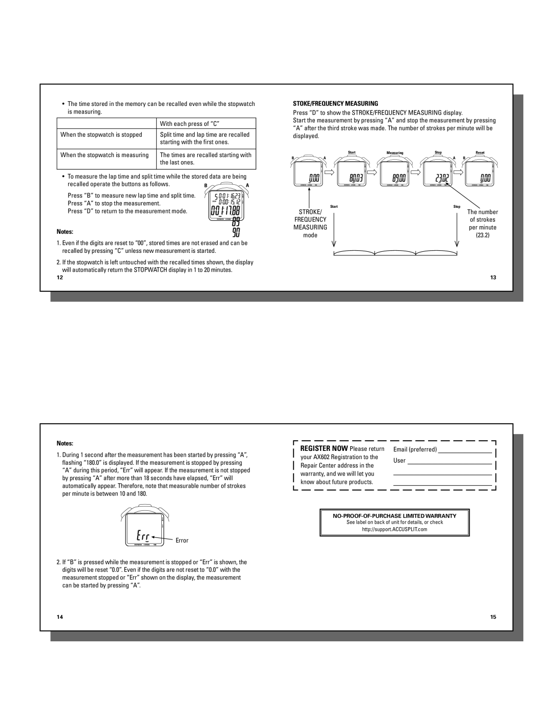 Accusplit AX602 operating instructions Recalled operate the buttons as follows, STOKE/FREQUENCY Measuring, Stroke 