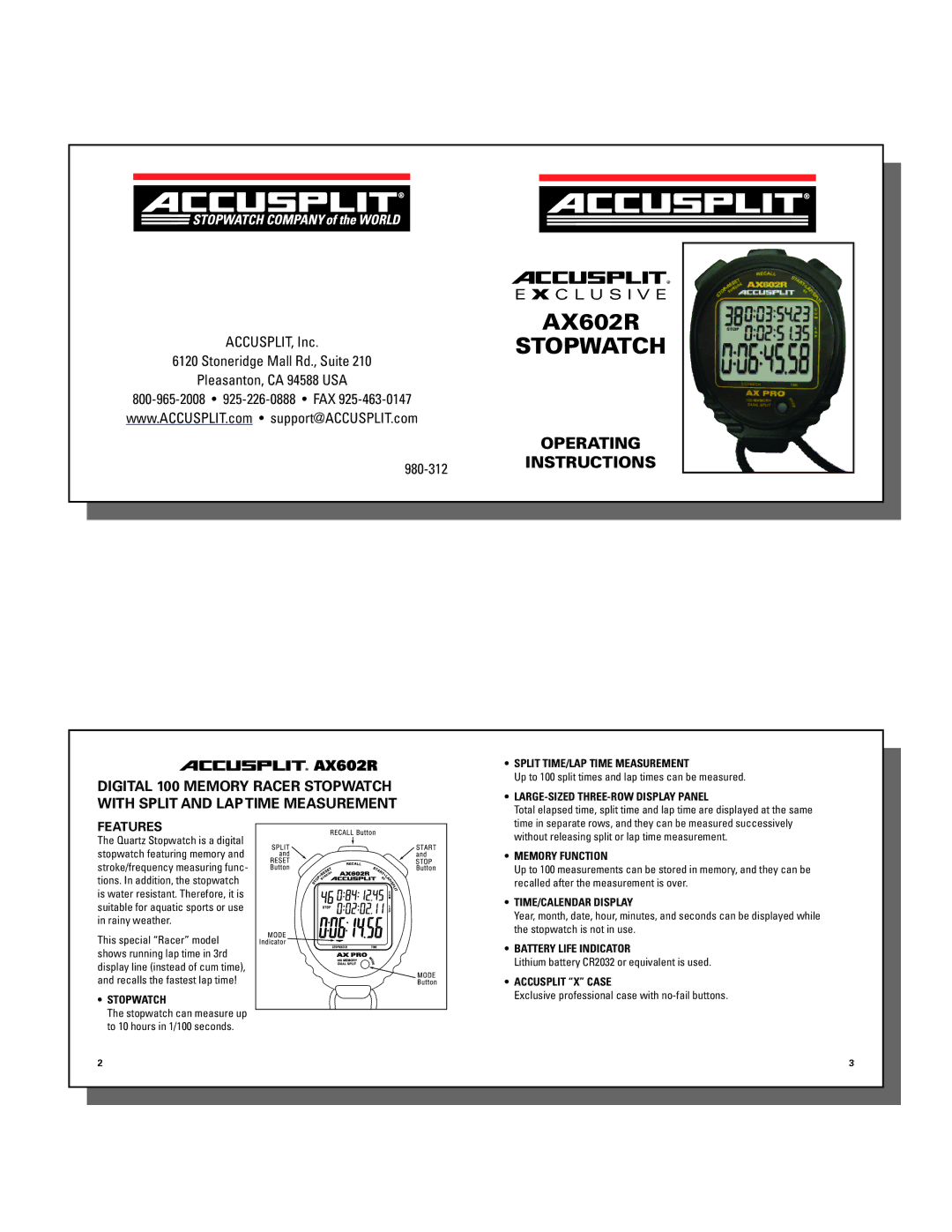 Accusplit AX602R operating instructions Operating 980-312INSTRUCTIONS 