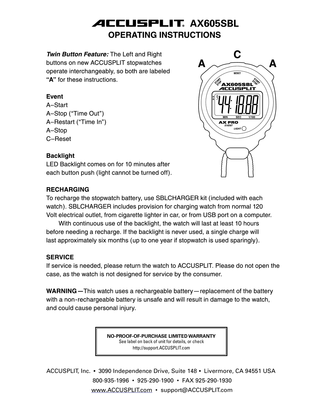 Accusplit AX605SBL warranty NO-PROOF-OF-PURCHASE Limited Warranty 