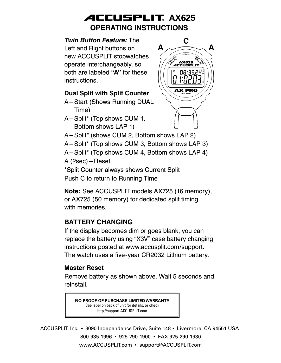 Accusplit AX625 warranty NO-PROOF-OF-PURCHASE Limited Warranty 