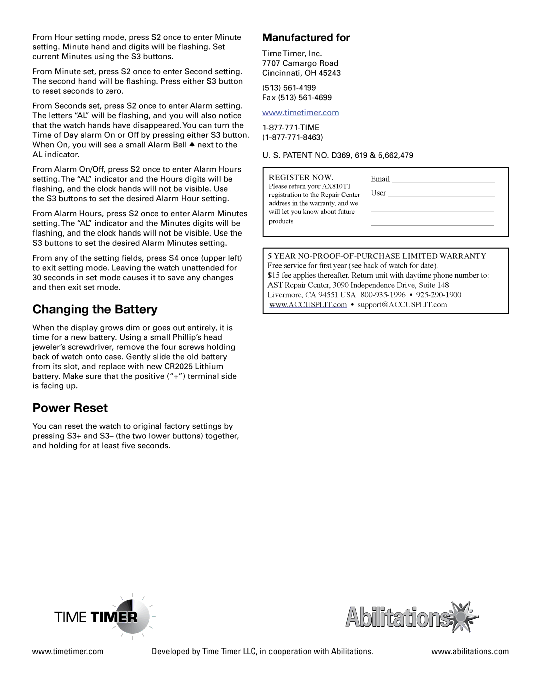 Accusplit AX810TTA, AX810TTY manual Changing the Battery, Power Reset, Manufactured for 