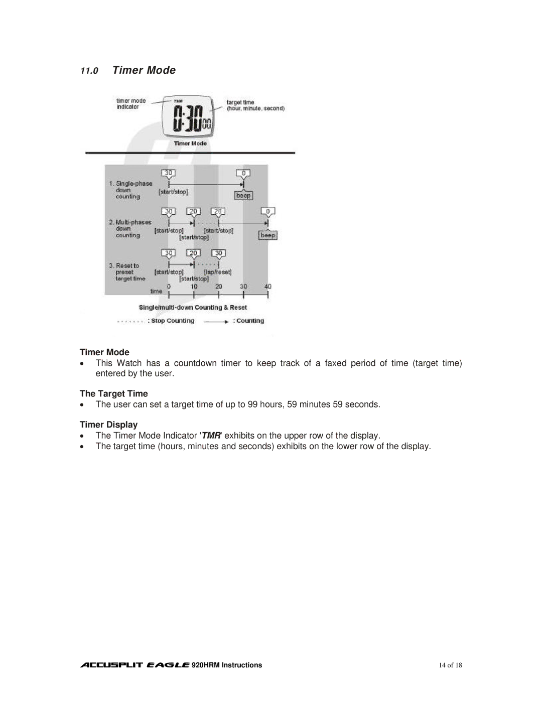 Accusplit EAGLE 920HRM manual Timer Mode, Target Time, Timer Display 