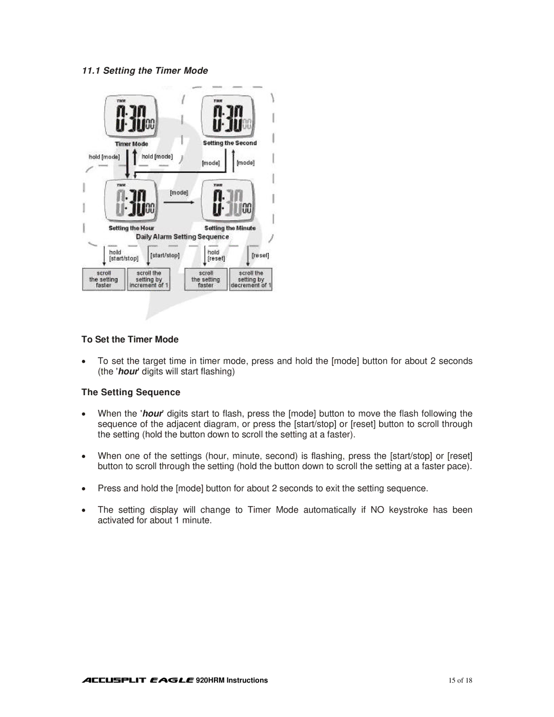 Accusplit EAGLE 920HRM manual Setting the Timer Mode, To Set the Timer Mode 