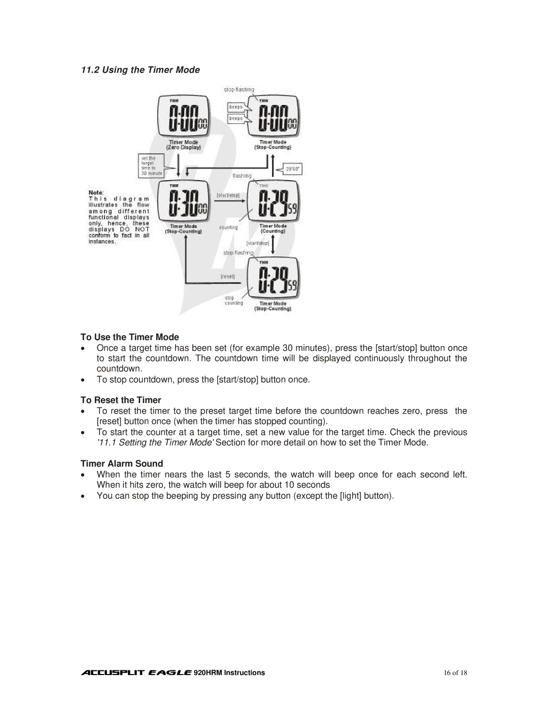 Accusplit EAGLE 920HRM manual Using the Timer Mode, To Use the Timer Mode, To Reset the Timer, Timer Alarm Sound 