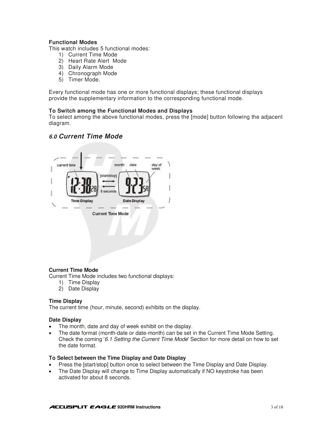 Accusplit EAGLE 920HRM manual Current Time Mode 