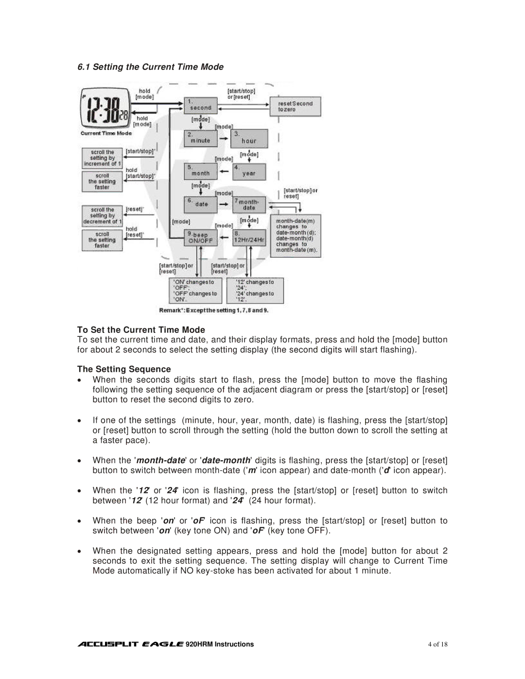 Accusplit EAGLE 920HRM manual Setting the Current Time Mode, To Set the Current Time Mode, Setting Sequence 