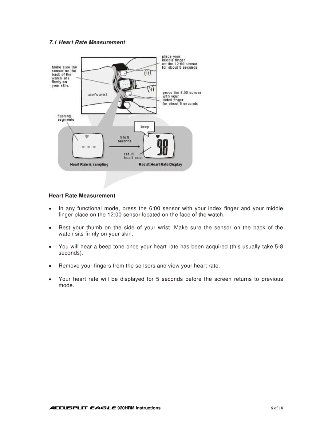 Accusplit EAGLE 920HRM manual Heart Rate Measurement 