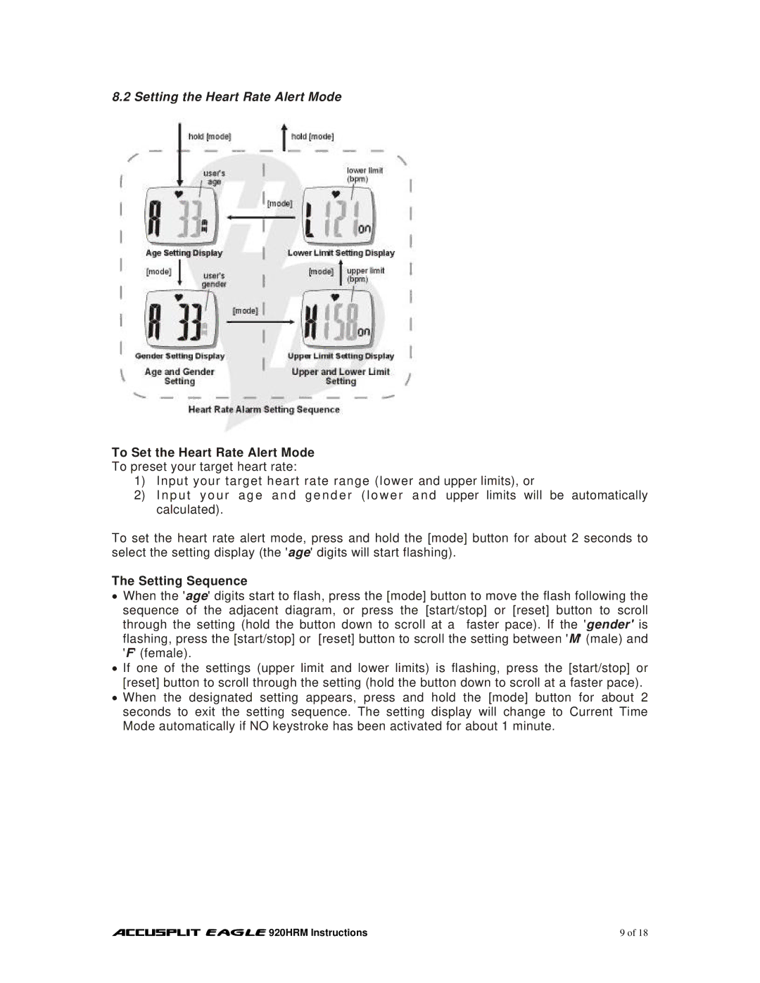 Accusplit EAGLE 920HRM manual Setting the Heart Rate Alert Mode, To Set the Heart Rate Alert Mode 