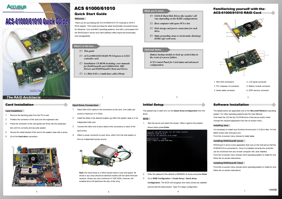 Accusys ACS-61010 manual Familiarizing yourself with the ACS-61000/61010 RAID Card, Card Installation, Initial Setup 