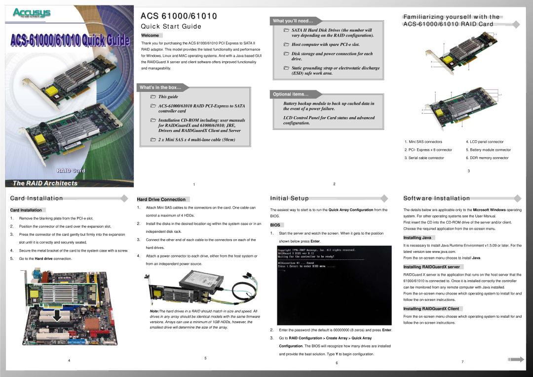 Accusys ACS-61000/61010 quick start Card Installation, Initial Setup, Software Installation 