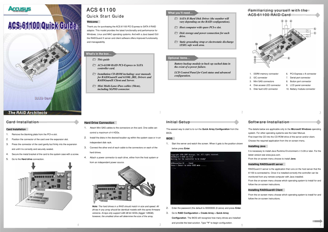 Accusys quick start Card Installation, Initial Setup, Familiarizing yourself with the ACS-61100 RAID Card 