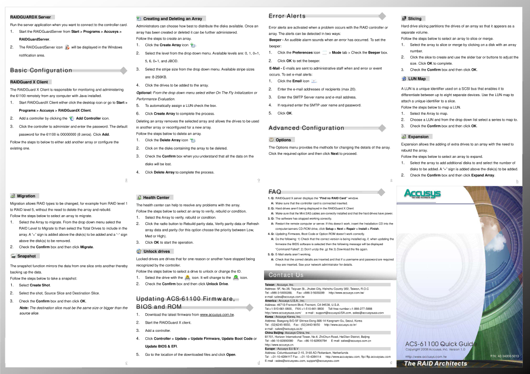 Accusys quick start Basic Configuration, Error Alerts, Advanced Configuration, Updating ACS-61100 Firmware, Bios and ROM 