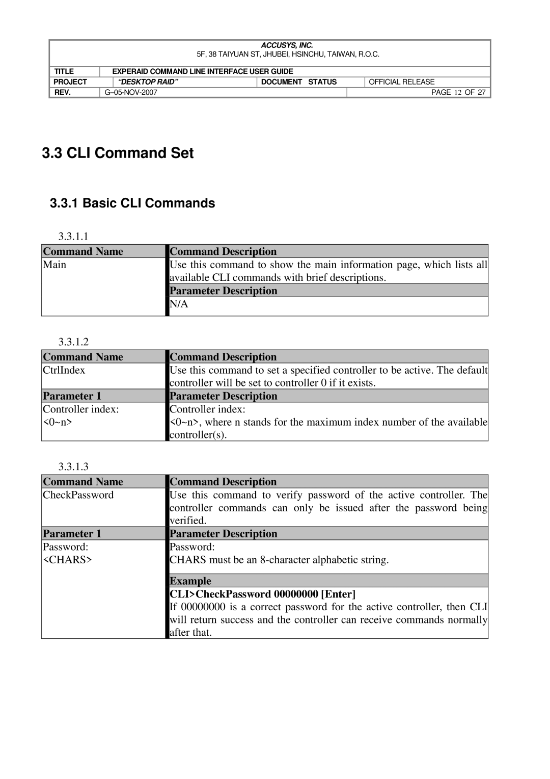 Accusys eXpeRAID CLI Command Set, Basic CLI Commands, Command Name Command Description, Parameter Parameter Description 