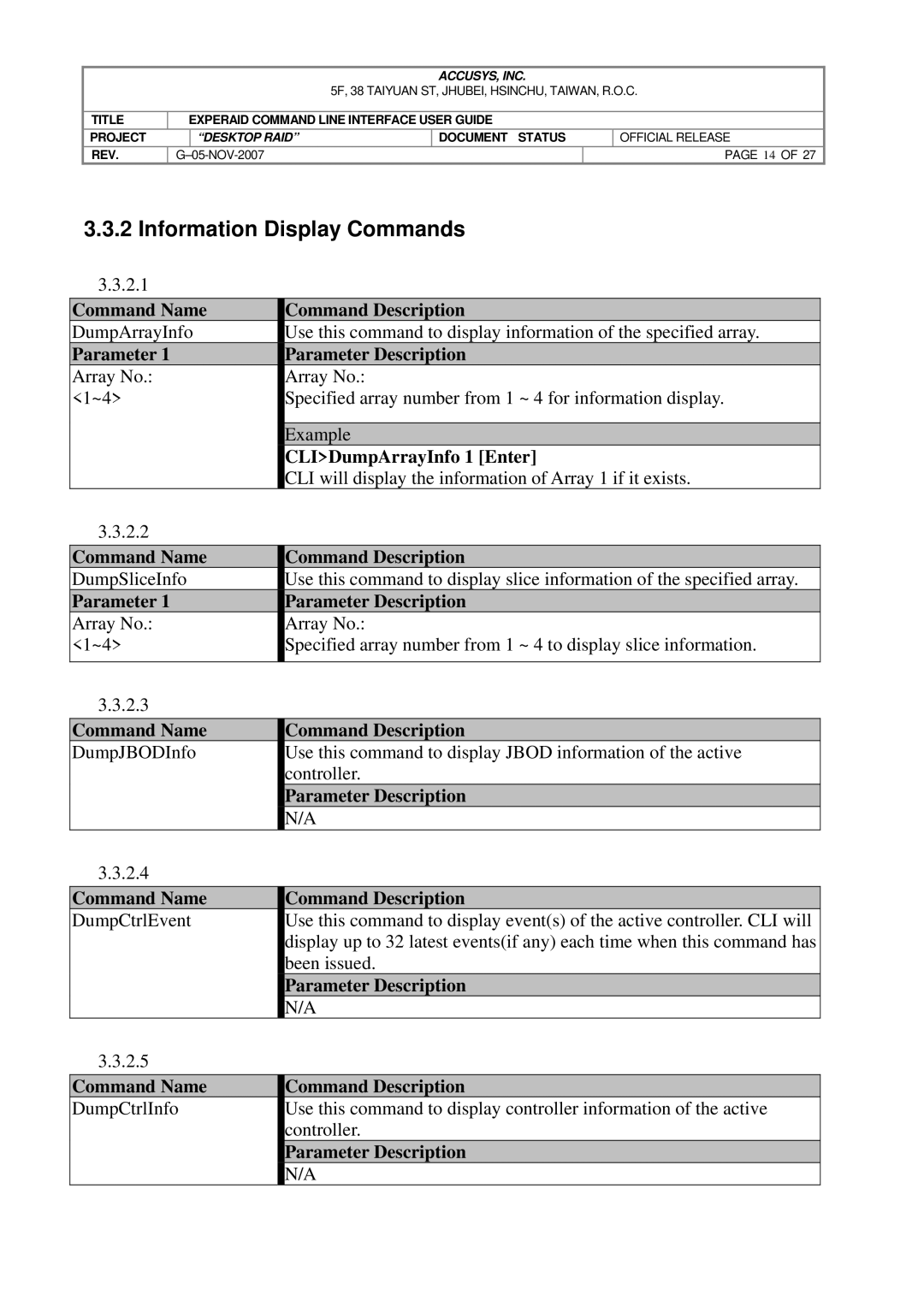 Accusys eXpeRAID manual Information Display Commands, CLIDumpArrayInfo 1 Enter 