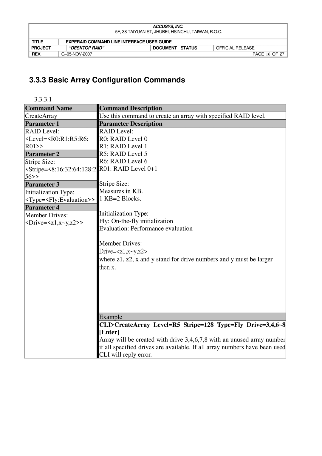 Accusys eXpeRAID manual Basic Array Configuration Commands, 3.1, RAID Level Level=R0R1R5R6 R0 RAID Level R01 R1 RAID Level 