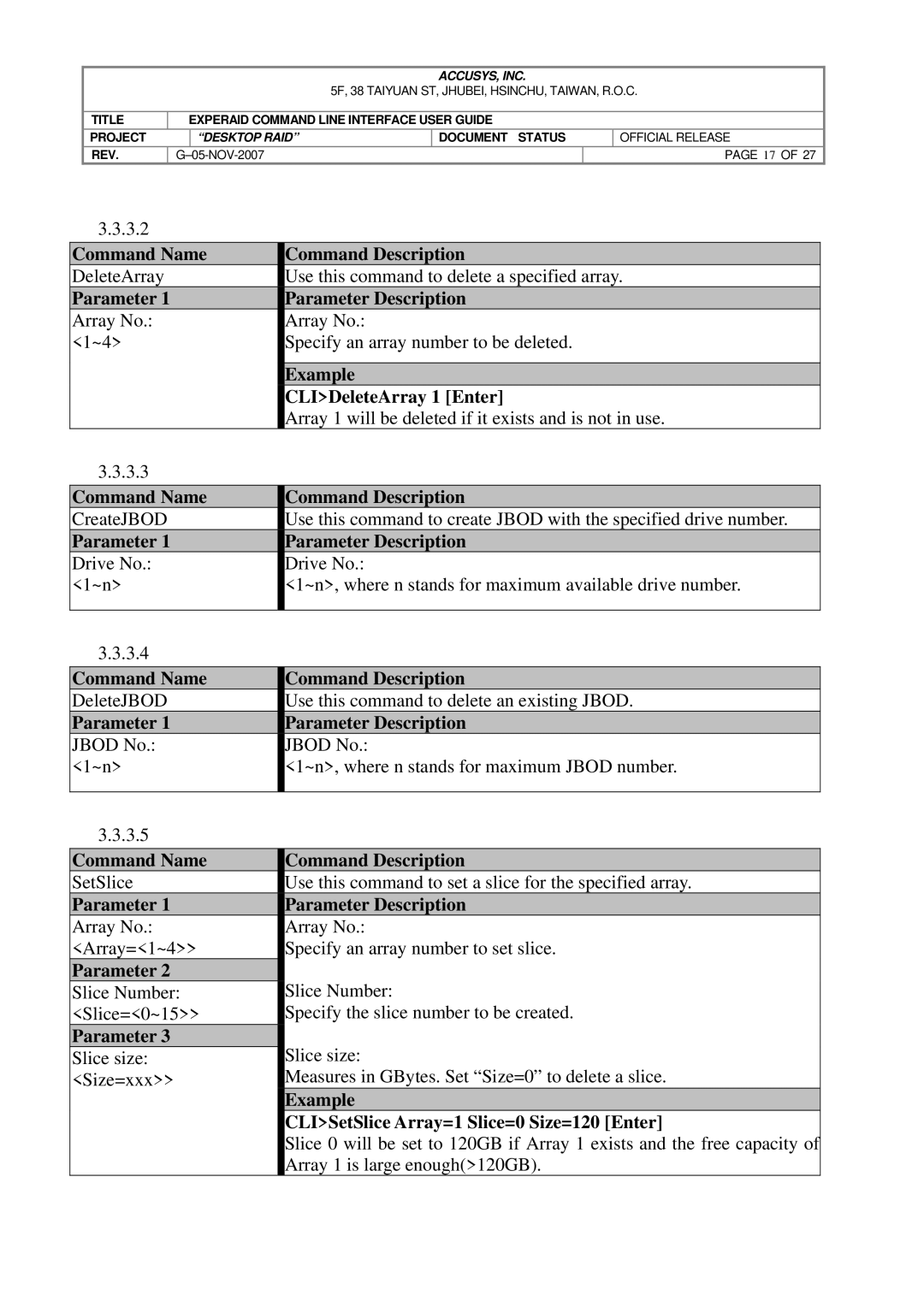 Accusys eXpeRAID manual CLIDeleteArray 1 Enter, CLISetSlice Array=1 Slice=0 Size=120 Enter 