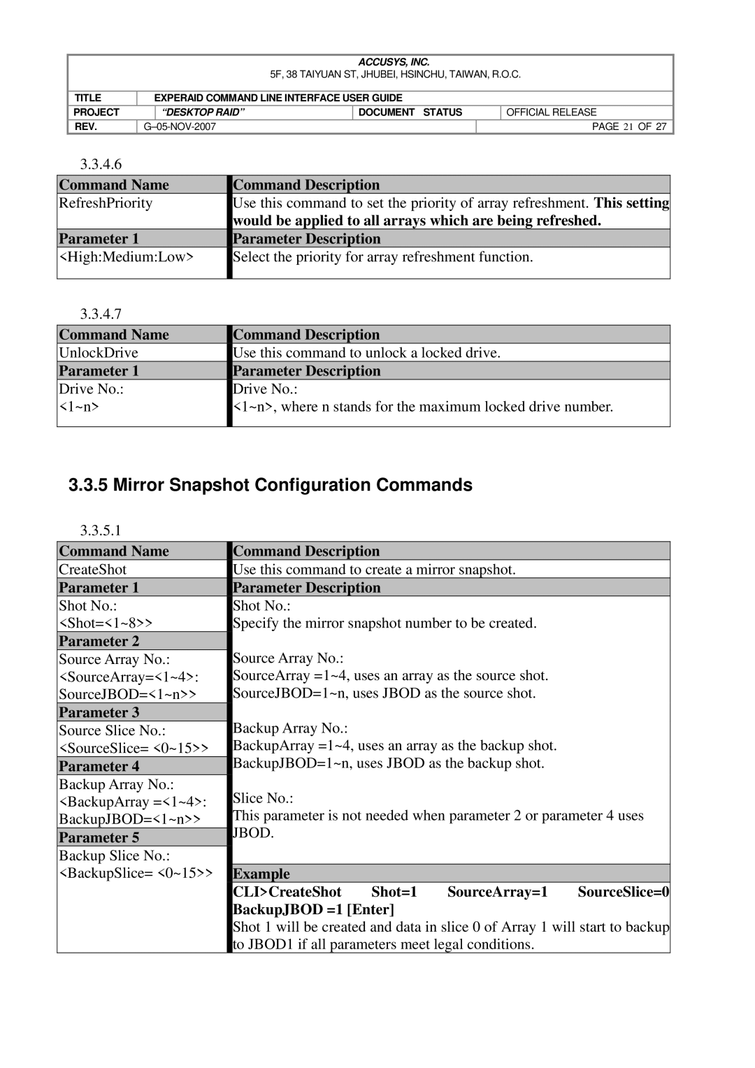 Accusys eXpeRAID manual Mirror Snapshot Configuration Commands 