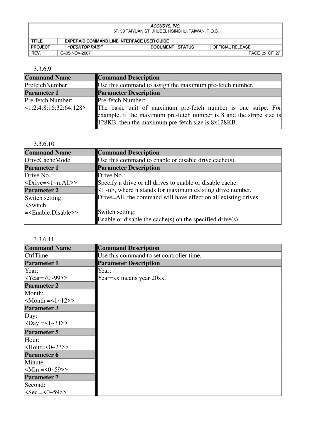 Accusys eXpeRAID 6.9, CtrlTime Use this command to set controller time, Month Month =1~12, Day Day =1~31, Minute Min =0~59 