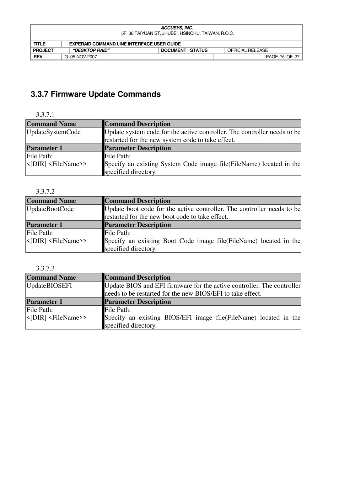 Accusys eXpeRAID manual Firmware Update Commands, 7.1 