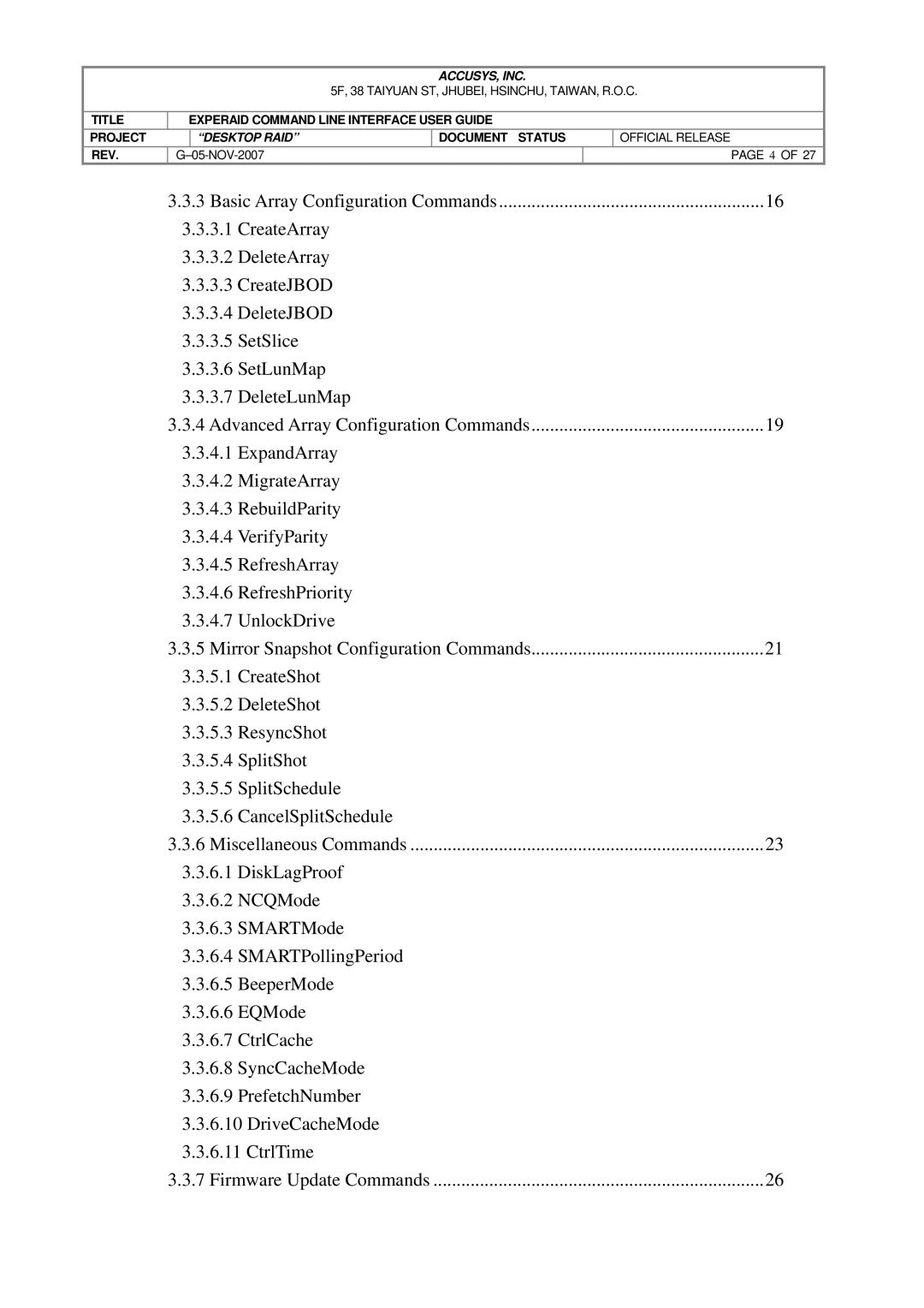 Accusys eXpeRAID manual Basic Array Configuration Commands 