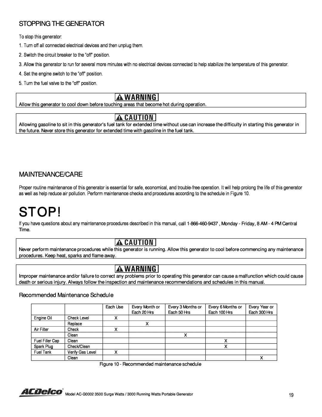 ACDelco AC-G0002 instruction manual Stopping The Generator, Maintenance/Care, Recommended Maintenance Schedule, Time 