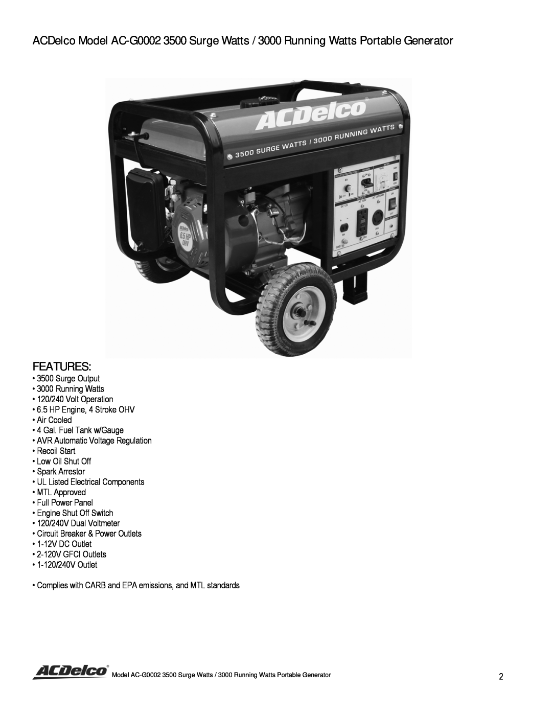 ACDelco AC-G0002 instruction manual Features 