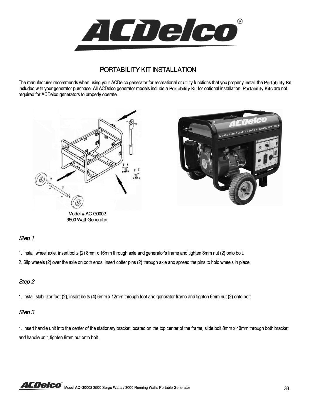 ACDelco instruction manual Portability Kit Installation, Step, Model # AC-G0002 3500 Watt Generator 