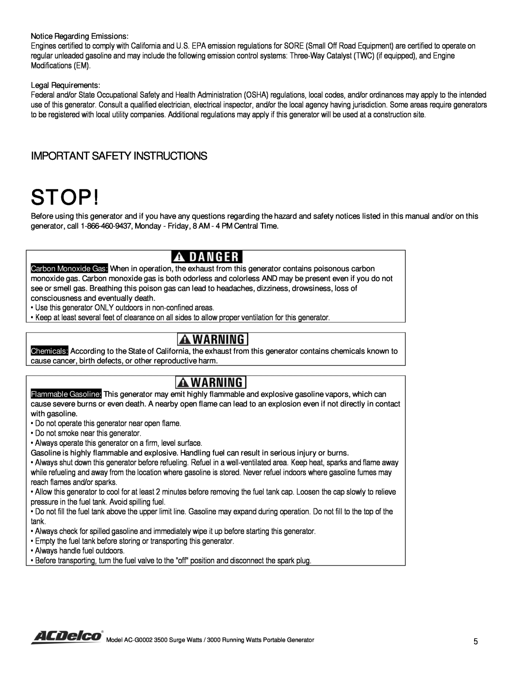 ACDelco AC-G0002 instruction manual Important Safety Instructions, Stop, Notice Regarding Emissions, Legal Requirements 