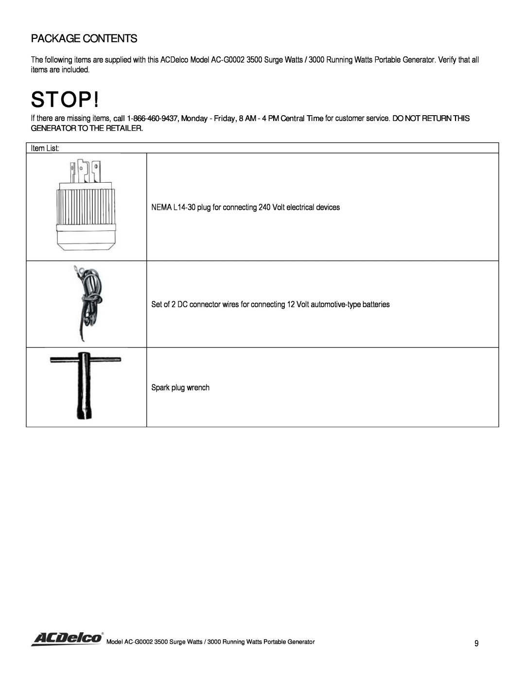 ACDelco AC-G0002 instruction manual Package Contents, Stop, Generator To The Retailer 