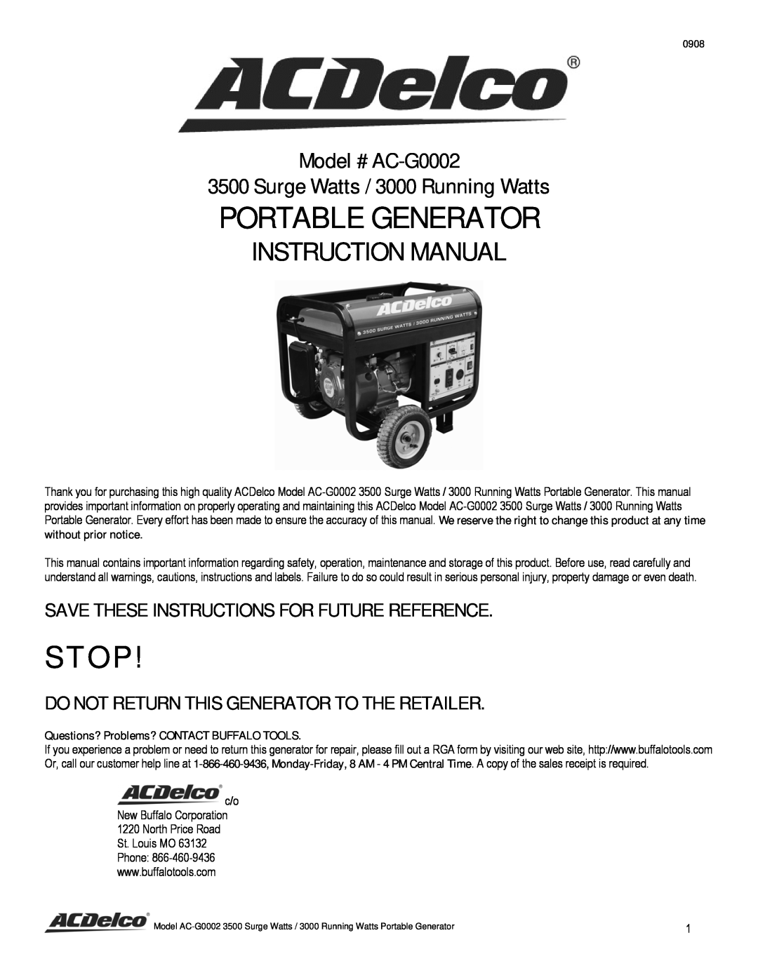 ACDelco AC-G0002 instruction manual Stop, Save These Instructions For Future Reference, Portable Generator 