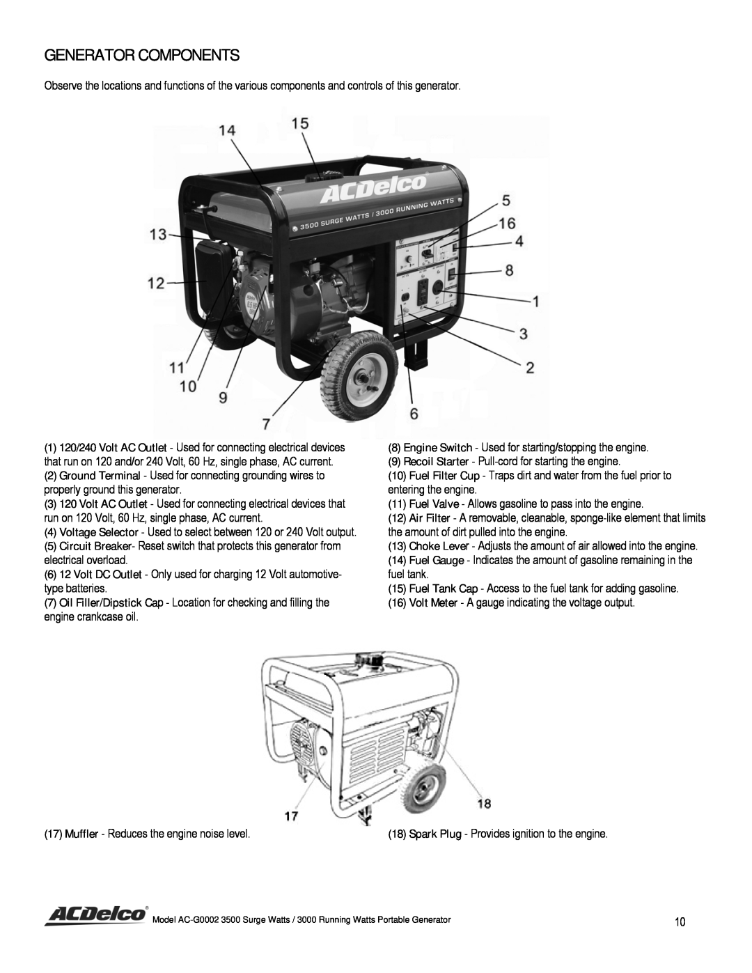 ACDelco AC-G0002 instruction manual Generator Components, Muffler - Reduces the engine noise level 