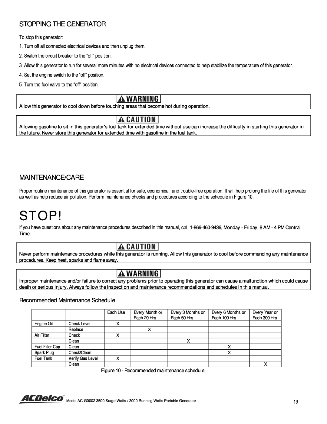 ACDelco AC-G0002 instruction manual Stopping The Generator, Maintenance/Care, Recommended Maintenance Schedule 