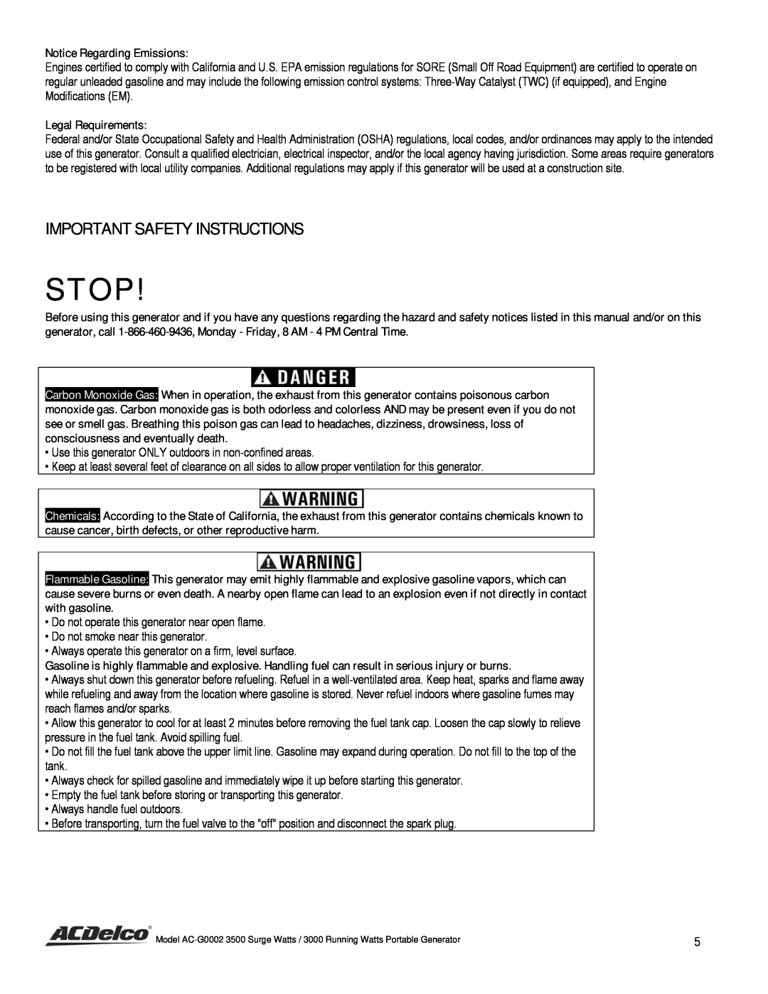 ACDelco AC-G0002 instruction manual Important Safety Instructions, Stop 