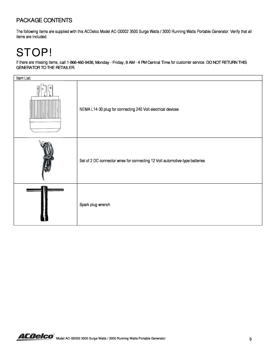 ACDelco AC-G0002 instruction manual Package Contents, Stop, Generator To The Retailer 