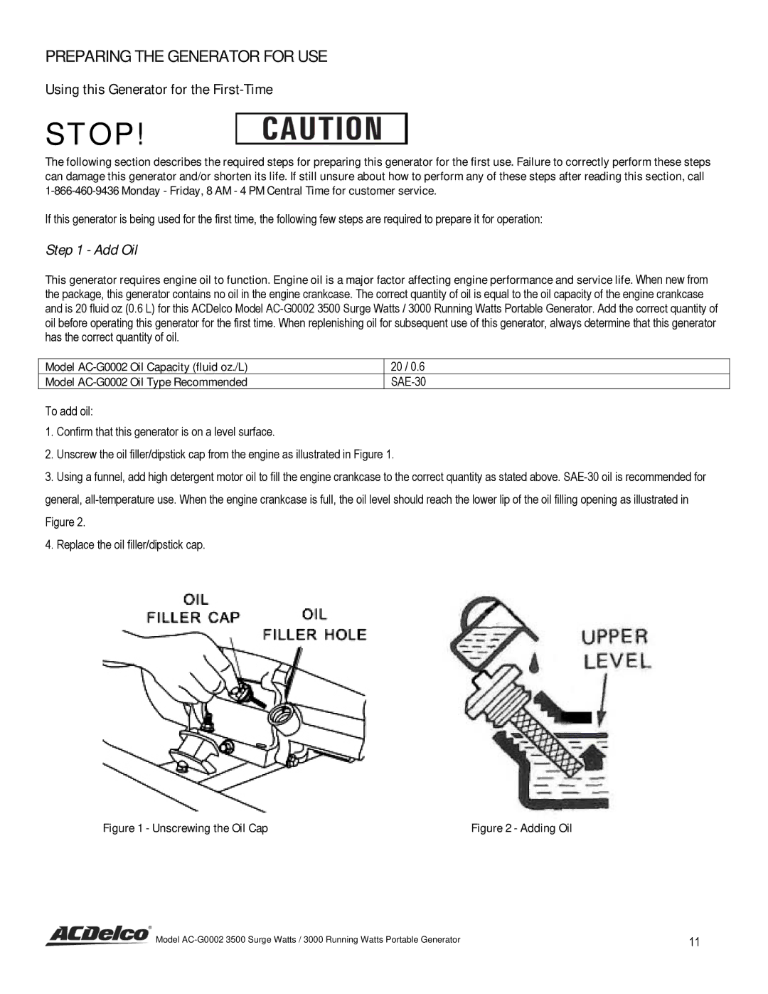 ACDelco AC-G0002 instruction manual Preparing the Generator for USE, Using this Generator for the First-Time, Add Oil 