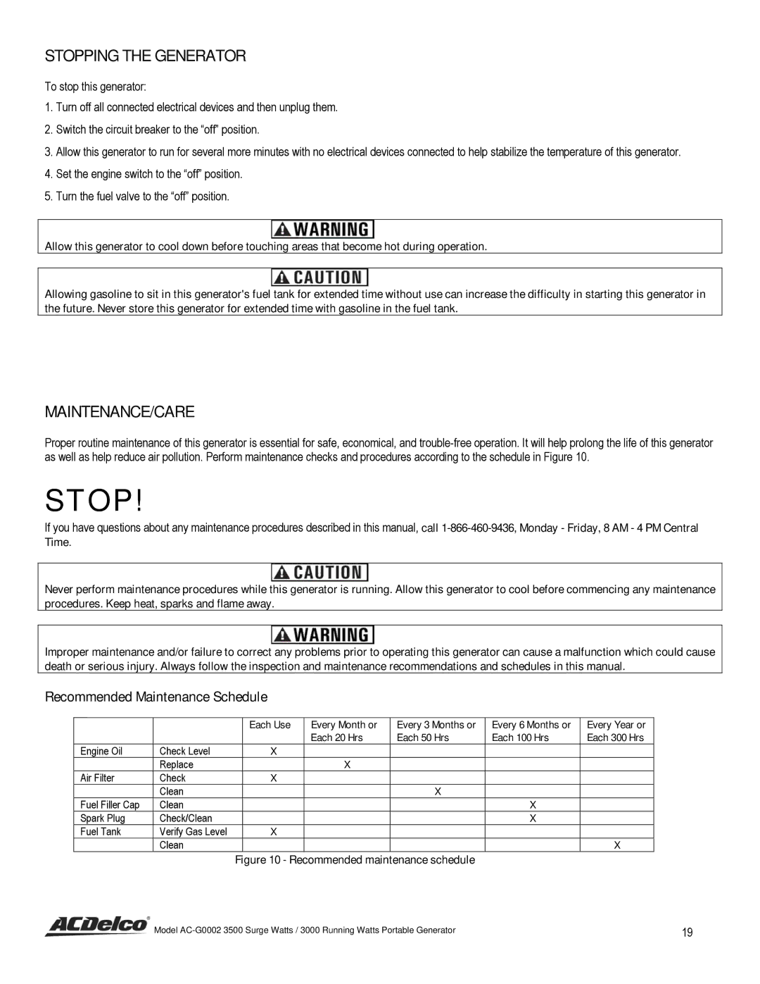 ACDelco AC-G0002 instruction manual Stopping the Generator, Maintenance/Care, Recommended Maintenance Schedule 