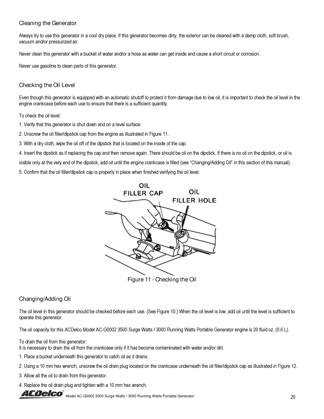 ACDelco AC-G0002 instruction manual Cleaning the Generator, Checking the Oil Level 