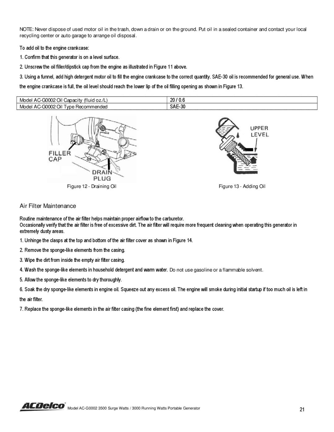 ACDelco AC-G0002 instruction manual Air Filter Maintenance, Draining Oil 